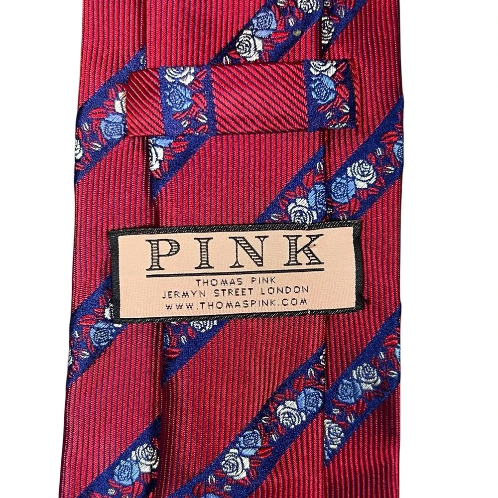 Thomas Pink 100% Silk Mens Necktie Navy/Red Stripped Floral Classic France